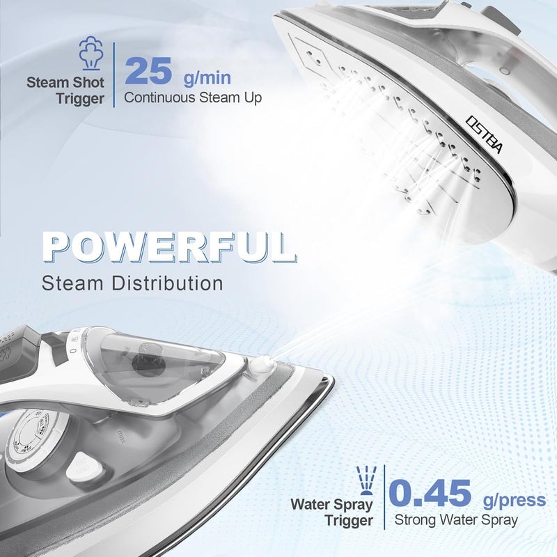OSTBA 1600W Steam Iron for Clothes with Rapid Heating Nonstick Soleplate, Precise Thermostat Dial, Self-Cleaning, Anti-limescale, Drip Stop Function, 300ml Water Tank Clothes Iron - Image 4